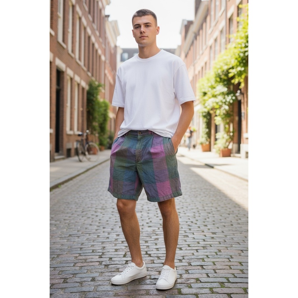 Vintage AlexanderJulian Patchwork Plaid Shorts Pleated‎ madras Preppy Y2K Grunge